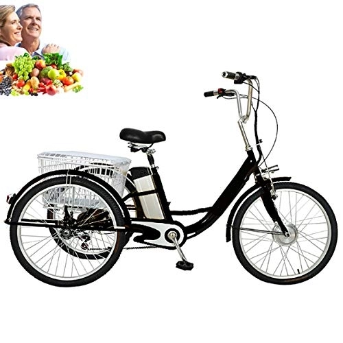 Electric Bike : Tricycle adult electric 24inch 3-wheel bicycle for elderly parents trike bikes lithium battery removable with enlarged rear basket shopping 48V12AH power-assisted tricycle pedal bicycle ladies