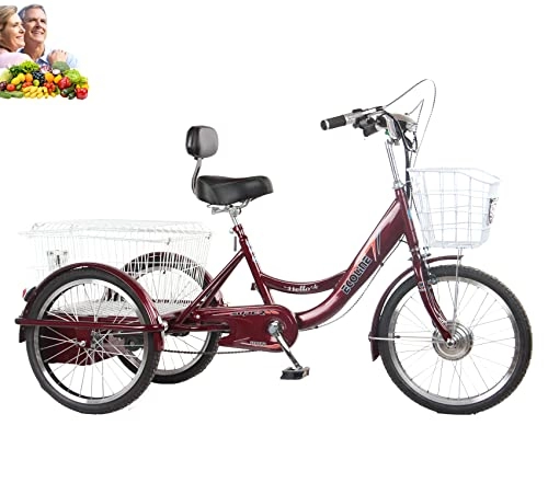 Electric Bike : Tricycle adult three wheel bicycle 20'' electric power assist tricycle for parents 3 wheels bikes 48V20AH Lithium battery 250W motor with shopping basket Maximum load 200kg