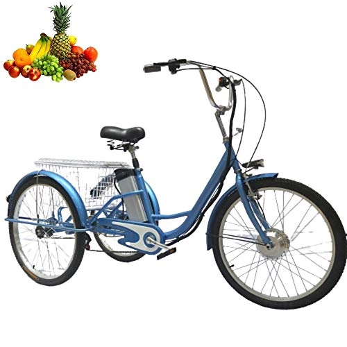 Electric Bike : tricycle electric Adult 3-wheel bicycle power-assisted bike with rear cart basket food basket outing shopping 48V12ah scooter electric pedal 24 inch single 250w motor for Parents lover