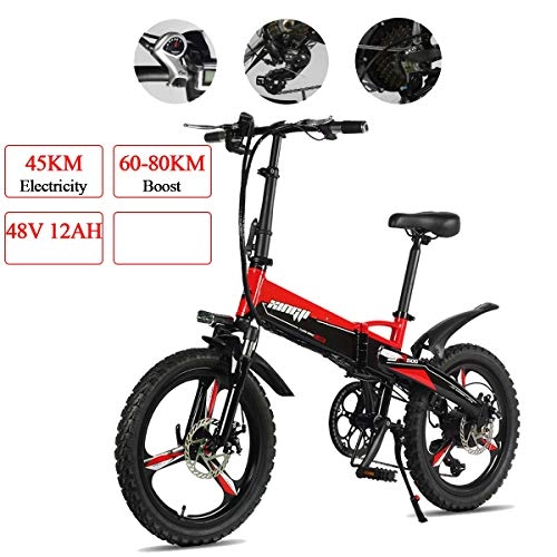 Electric Bike : TTW Electric Mountain Bike 250W 48V Aluminum Alloy Folding E-bike Bicycles 20Inch with 7-speed Shift, Premium Full Suspension Fork and Double Shock Absorber, Red