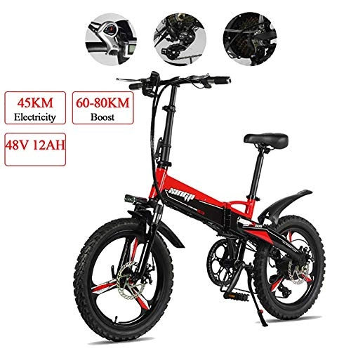 Electric Bike : TTW Folding Electric Bicycle 20 * 2.5 Inch Adults 7 Speeds Mountain Bikes 48V 350W 30KM / H Li-ion Battery City E-Bike Load 330lbs, Premium Aluminum Alloy Frame and Double Shock Absorber, Red