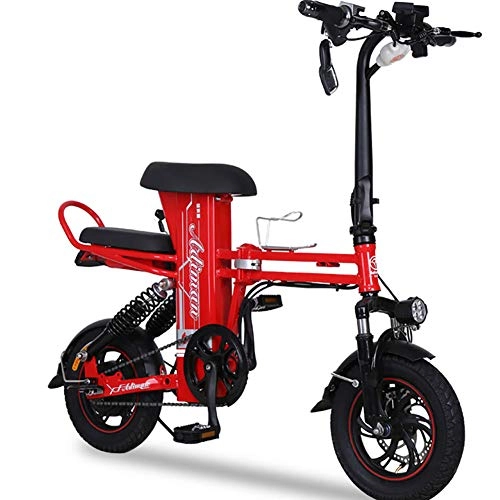 Electric Bike : Unisex Electric Bike, 12 Inch Hybrid Folding E-bike 48V 20Ah Dual Suspension with Disc Brakes and Suspension Fork (Removable Lithium Battery), Red, 10A