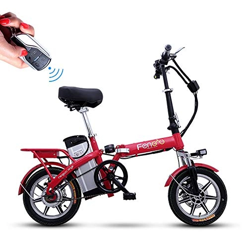 Electric Bike : Unisex Electric Bike 48V 240W Ebike 14 inch High-carbon Steel Folding Bike with Disc Brakes and Suspension Fork (Removable Lithium Battery), Red