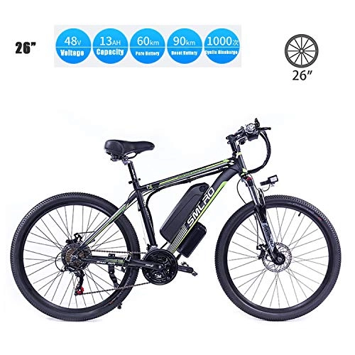 Electric Bike : UNOIF Electric Bike Electric Mountain Bike, 26" Electric City Ebike Bicycle With 350W Brushless Rear Motor For Adults, 48V / 13Ah Removable Lithium Battery, Black Green