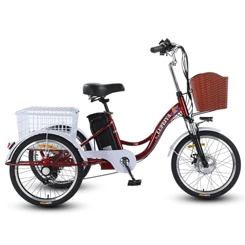 Electric Bike : UPIKIT Adult 20 Inch Electric Tricycle Power-Assisted Tricycle Lithium Battery Tricycle Electric Three-wheel Bicycle with Shopping Basket Seniors 3 Wheel Bike for Outdoor Daily Riding, 20 inch, Red