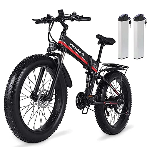 Electric Bike : Vikzche Q Electric Bike 26 Inches Folding Fat Tire Snow Bike 12.8Ah Li-Battery 21 Speed Beach Cruiser Mountain E-bike with Rear Seat (MX01 Red with Two Battery)