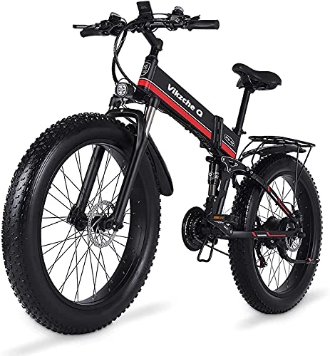 Electric Bike : Vikzche Q Electric Bike 26 Inches Folding Fat Tire Snow Bike 12Ah Li-Battery 21 Speed Beach Cruiser Mountain E-bike with Rear Seat