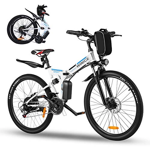 Electric Bike : Vivi 250W Folding Electric Bike for Adults, 26'' Electric Mountain Bike, with 36V 8Ah Removable Lithium-Ion Battery, Shimano 21-Speed E-Bike (White)