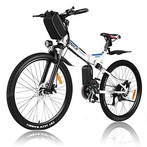 Electric Bike : Vivi 26" Folding Electric Bike for Adults, 21 Speed Electric Mountain Bicycle, with Removable 36V 8Ah Battery, Double Shock Absorption 250W (White blue)