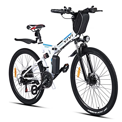 Electric Bike : VIVI 26 Inch Electric Bike for Adult, Electric Mountain Bike, 350W Folding E-bike E-MTB, Removable 36V / 8Ah Li-Ion Battery, Full-Suspension, 21 Speed Gears Foldable Electric Bicycle (White-E-MTBs)