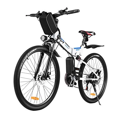 Electric Bike : VIVI 350 W Foldable E-Bike Mountain Bike, 26 Inch Electric Bicycle Foldable for Men and Women, Professional Shimano 21 Speed 36 V 8 Ah Lithium-Ion Battery (Blue White)
