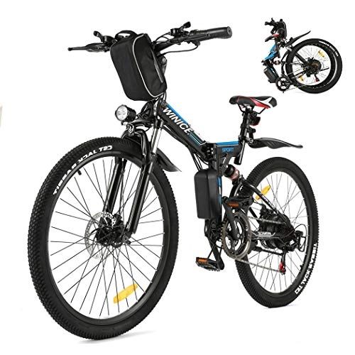 Electric Bike : Vivi Electric Bike 26" Folding Electric Bike, E Bikes for Men Women 350W with 36V 8AH Removable Battery, Shimano 21 Speed Gears Full Shock Absorption (Black blue)