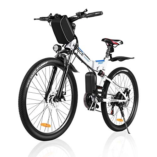 Electric Bike : Vivi Electric Bike Electric Mountain Bike for Adult, 26'' Folding Electric Bike 250W Motor with 36V 8Ah Lithium-Ion Battery, Premium Full Suspension 21 Speed Gear (White blue)