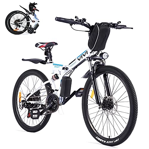 Electric Bike : Vivi Electric Mountain Bike, 26 Inch Folding Electric Bike, E bike with 8Ah Lithium Battery for Men Adults, 350W Motor, Shimano 21 Speed Gears White