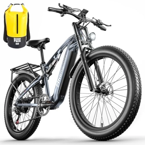 Electric Bike : VLFINA Full suspension Electric Bike for adult, 26inch Fat Tire 7speed Electric Mountain Bike, 48V17.5Ah removable Lithium Battery, Dual disc brakes ebike (Dark grey)