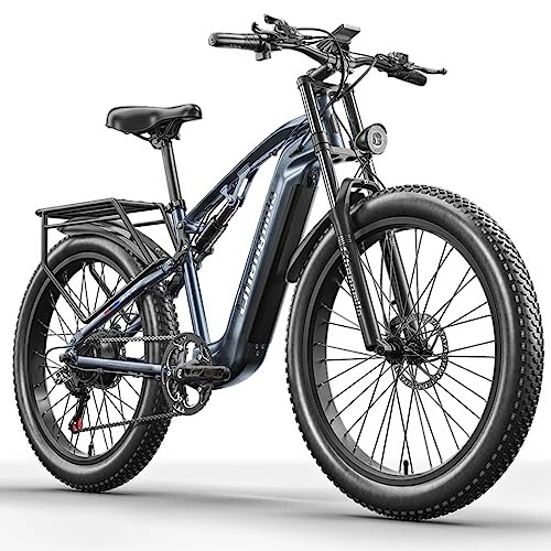 Electric Bike : VLFINA Full suspension Electric Bike for adult, 26inch Fat Tire 7speed Electric Mountain Bike, 48V17.5Ah removable Lithium Battery, Dual hydraulic disc brakes ebike (Dark grey)