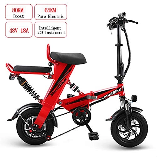 Electric Bike : W&TT Folding Electric Bicycle 12" Adult Double Disc Brakes Commuter Bike 48V 18AH 350W Double E-Bike with 65KM Range and Top Speed 25km / h, Red