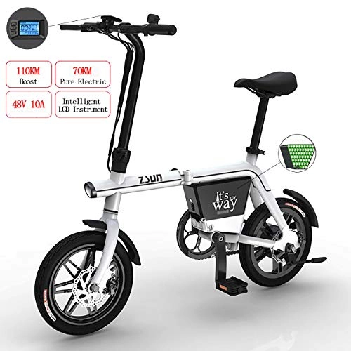 Electric Bike : W&TT Folding Electric Bicycle 14 Inch Adult Double Disc Brakes Waterproof Commuter Bike 48V 10A Removable Lithium Battery E-Bike with 70km Range and Top Speed 30km / h, White