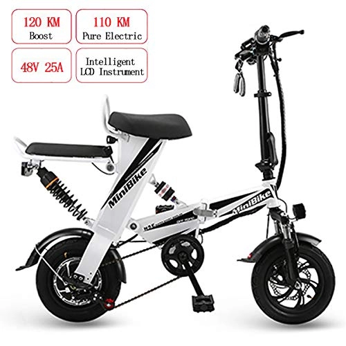Electric Bike : W&TT Folding Electric Bike Adult 48V 25AH 350W High Power Double E-bike with Endurance 110KM and Top Speed 25km / h, Double Disc Brakes 12" City Bicycle, White