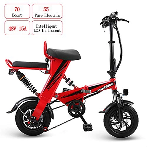 Electric Bike : W&TT Folding Electric Bike for Adult 48V 15AH 350W Double E-bike with 55KM Range and Top Speed 25km / h, Double Disc Brakes 12" Bicycle Commuter Bike, Red