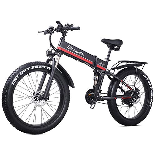 Electric Bike : WFIZNB Electric Mountain Bike 21 Speed E-bike 26 Inches 1000W 48V 13ah Folding Fat Tire Snow Bike Pedal Assist Lithium Battery Hydraulic Disc Brakes for Adult, Red