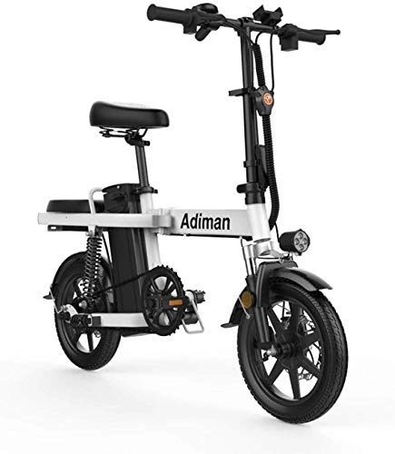 Electric Bike : WJSW 14 Inch Folding Electric Bike 48v 8ah Lithium Battery Electric Bicycle Light Driving Adult Battery Detachable Aluminum Alloy Commuter E-bike, White