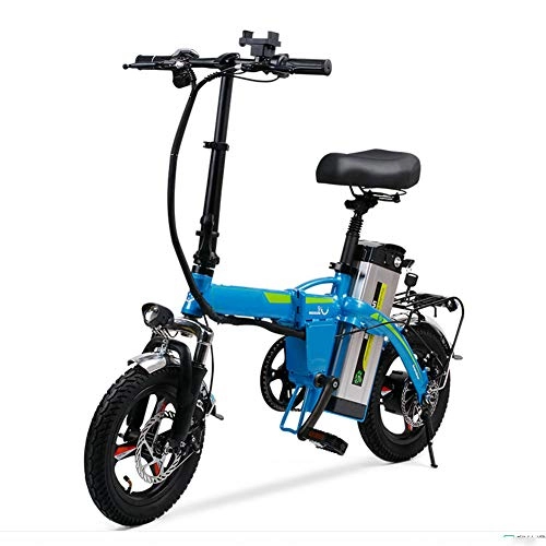 Electric Bike : WM Adult 14-inch Folding Electric Bike 48v Lithium Battery Small Electric Car 400w Strong Brushless Motor Load 150kg, Blue