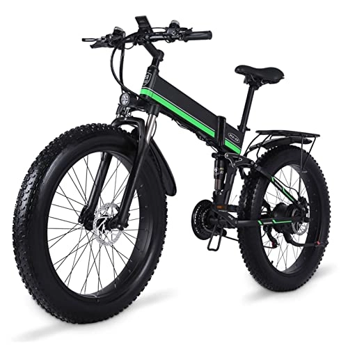 Electric Bike : WMLD 1000W electric bikes Folding Electric Bike for Adults 25 Mph E Bikes 26 Inch Fat Tire Electric Bicycle 48V 12.8Ah Lithium Battery Foldable E Bike (Color : Green)