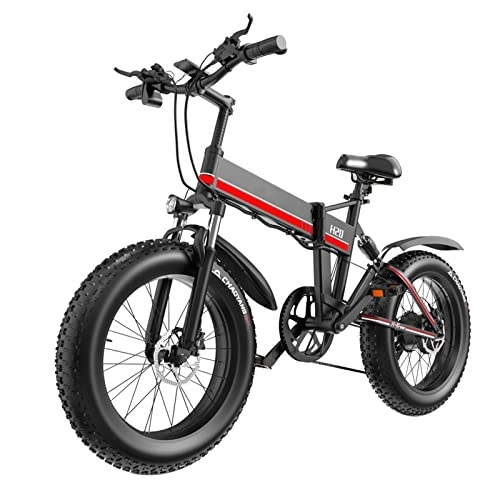 Electric Bike : WMLD Foldable Electric Bike for Adults 300 Lbs 30Mph Folding Electric Bicycle 1000W 48V Motor 20 Inch Fat Tire Electric Bike (Color : Black Red, Speed shift : 7 speed)