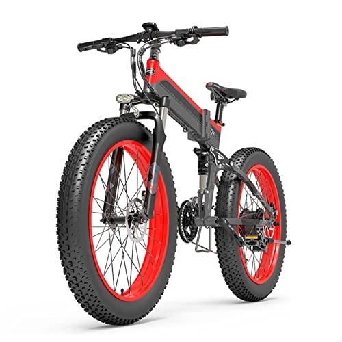 Electric Bike : WMLD Foldable Electric Bike for Adults 440 Lbs 25 Mph 1000W Electric Bike 26-Inch Fat Ebike Folding E Bike 48V Electric Mountain Bicycle (Color : 14.5AH red)