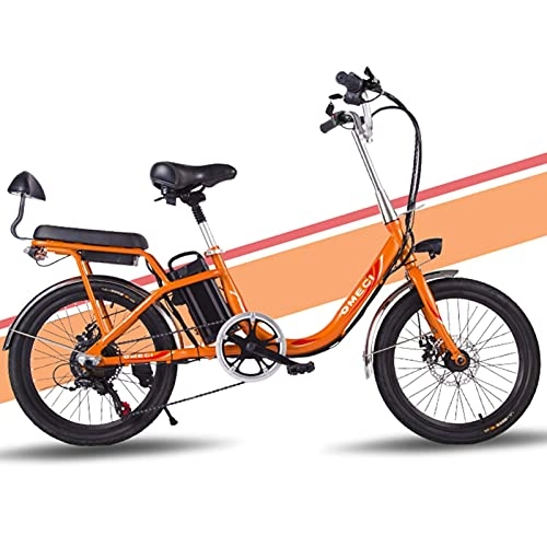 Electric Bike : Women Electric Bikes, 20 Inch Mini Electric Bike 7 Speed Transmission Gears 48V 8 / 10Ah Battery Commute Ebike with Rear Seat Dual Disc Brakes (Color : Orange, Size : 10A 0 kilometers)