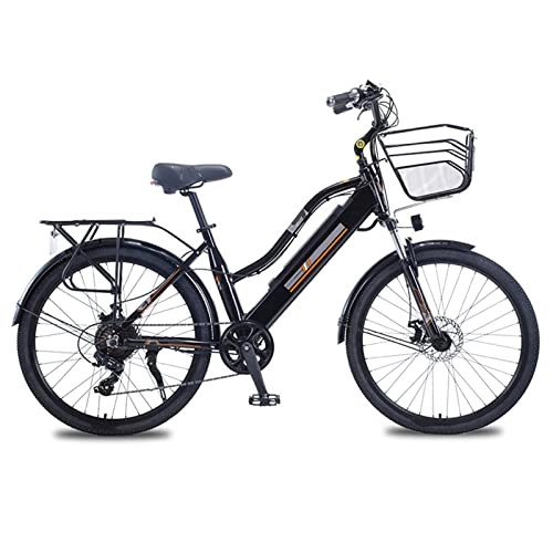 Electric Bike : Women Mountain Electric Bike with Basket 36V 350W 26 Inch Electric Bicycle Aluminum Alloy Electric Bike (Color : Black, Number of speeds : 7)