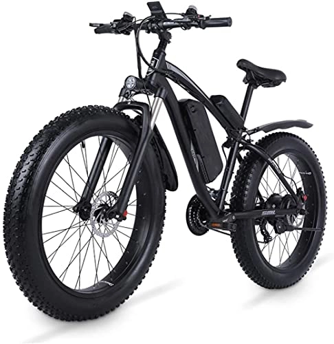 Electric Bike : WQFJHKJDS Electric Mountain Bike 26 Inch 1000w With Fat Tyre, 48V 17Ah Removable Battery, 3.5" LCD Display, 21-Speed Gear (Color : Black)