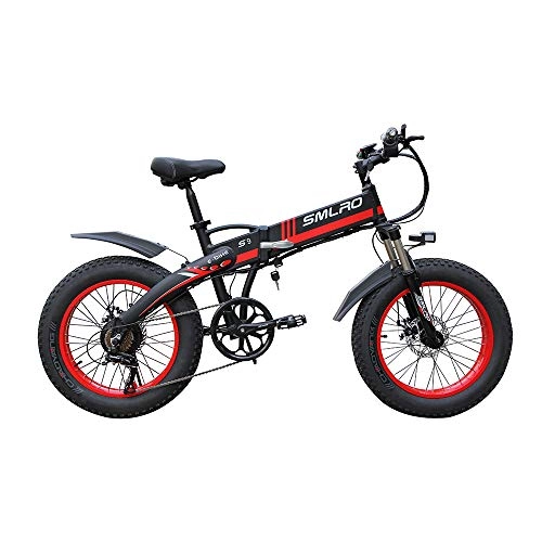 Electric Bike : WQY Folding Electric Bicycle Moped 20 * 4.0 Inch Beach Snow Fat Mountain Bike 350W Electric Bicycle with Removable 48V Lithium-Ion Battery for Adults, 7 Speed Shifter, Red