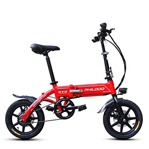 Electric Bike : Wu's 14 Inches Folding Electric Bike, Lithium Ion Battery, Front And Rear Disc Brakes, LCD Display, 30KM / H, One-Piece Wheel, Headlight, Red