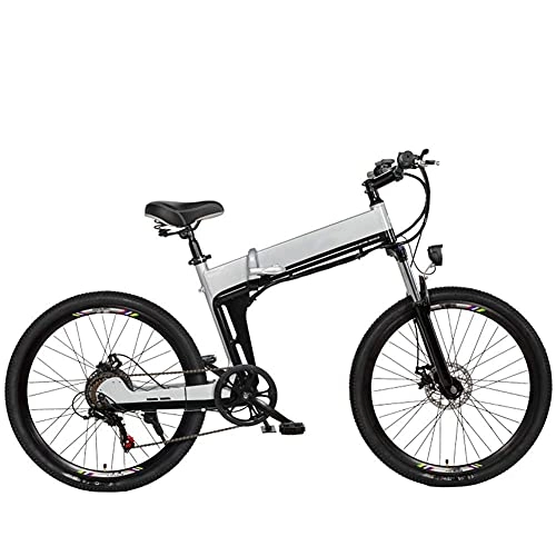 Electric Bike : WXDP Self-propelled Adult Electric Mountain Bike, Aluminum Alloy Frame 26 Inch Folding City E-Bike Double Disc Brakes 7-Speed ​​48V Removable Battery, Silver, A 10AH