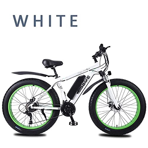 Electric Bike : WXDP Self-propelled Adult Snow Electric Bike, lockable shock absorption of the front fork 26 inch 4.0 fat tires Mountain E-Bike 27-speed double disc brakes 36 V removable battery, white, 10AH