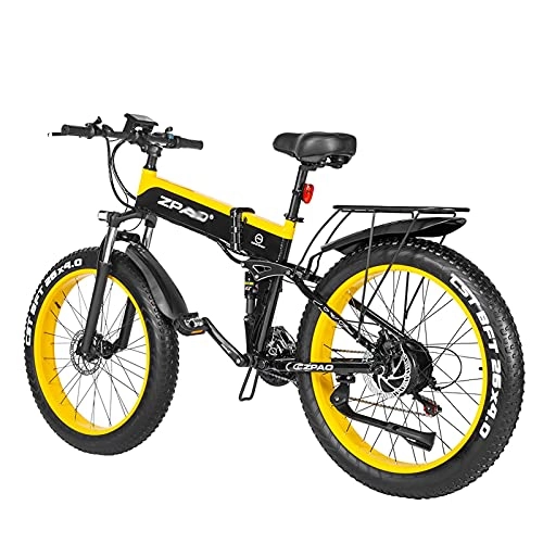 Electric Bike : WZW 1000W Adult Mountain Electric Bike 26inch 4.0 Fat Tire Folding Ebike 48V / 12.8Ah Lithium Battery Electronic Bicycle 21 Speed Gears (Color : Yellow, Size : 1b)