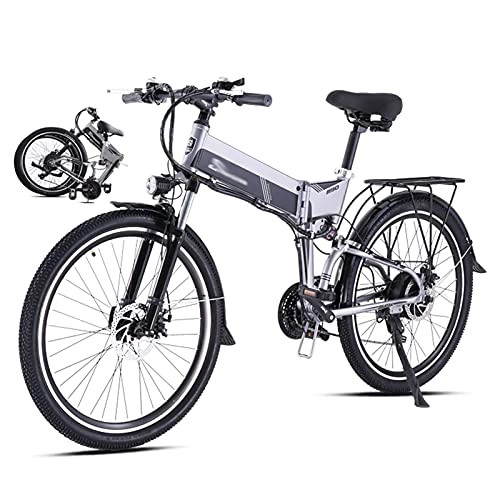 Electric Bike : WZW M90 Foldable Electric Bike for Adults - 26 inch 500W Off-Road Ebike - 48V / 12.8Ah Removable Lithium-Ion Battery Mountain Bicycle 21 Speed Gears (Color : Gray, Size : 1 Batterie)