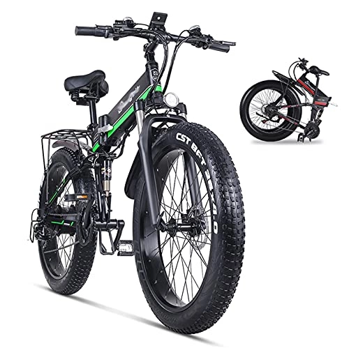 Electric Bike : WZW MX01 Electric Bike 1000W Folding Mountain Bike 4.0 Fat Tire Ebike 48V 12Ah Removable Lithium-Ion Battery Bicycle Professional 21 Speed Gears (Color : Mx01 green)