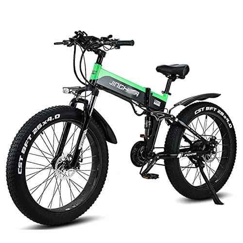 Electric Bike : WZW R5 1000W Mountain Electric Bike 26inch 4.0 Fat Tire Folding Ebike 48V / 12.8Ah Lithium Battery Electronic Bicycle 21 Speed Gears for Adult (Color : Green, Size : 2b)