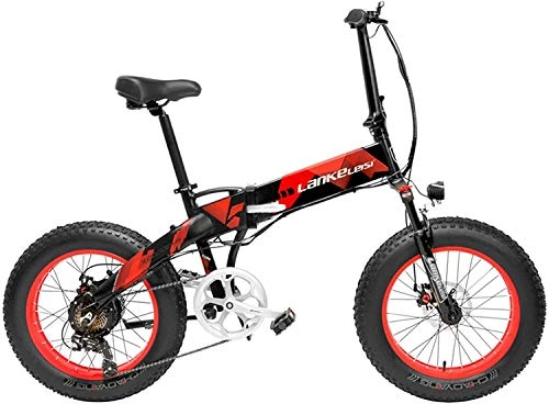 Electric Bike : X2000 20 Inch Fat Bike Folding Electric Bicycle 7 Speed Snow Bike 48V 10.4Ah / 14.5Ah 500W Motor Aluminium Alloy Frame 5 PAS Mountain Bike (Color : Black Red, Size : 14.5Ah+1 Spare Battery)