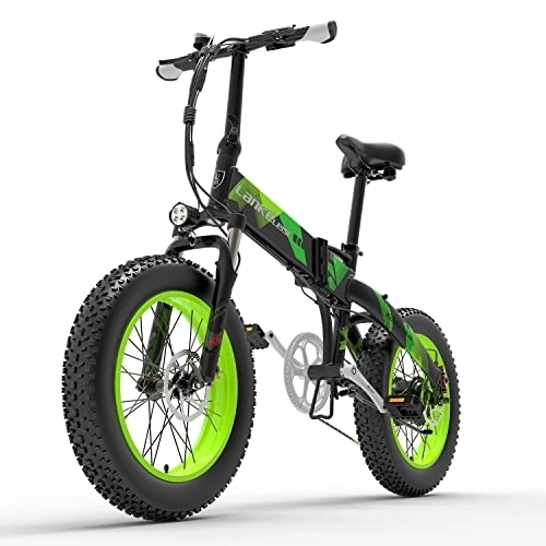 Electric Bike : X2000plus 7 Speed Folding Electric Bicycle 48V Hidden Lithium Battery 20 * 4.0 Inch Fat Tire Mountain Bike Snow Bike For Adult (10.4Ah, Black Green)