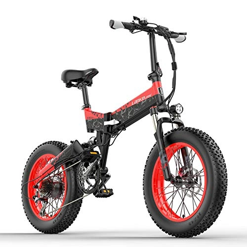 Electric Bike : X3000plus 48V 1000W Folding E-bike Snow Bike 20 Inch Mountain Bike Front & Rear Full Suspension With LCD Display (Black Red, 14.5Ah + 1 Spare Battery)