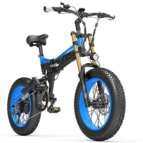 Electric Bike : X3000plus-UP Folding Electric Bike for Men and Women, 20 Inch Mountain Bike, Pneumatic Shock Absorbers Front Fork (Blue, 14.5Ah + 1 Spare Battery)
