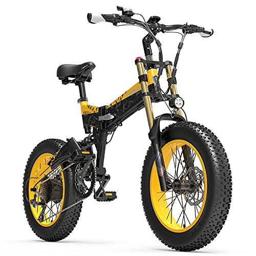 Electric Bike : X3000plus-UP Folding Electric Bike for Men and Women, 20 Inch Mountain Bike, Pneumatic Shock Absorbers Front Fork (Yellow, 14.5Ah + 1 Spare Battery)