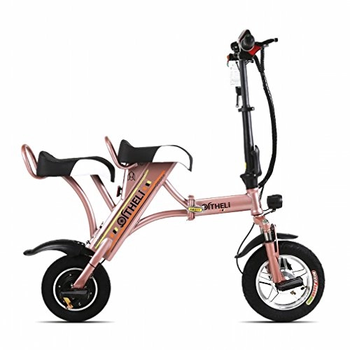 Electric Bike : XC Small Folding Electric Bicycle Mini Female Battery Car Male Generation Electric Double Adult Lithium Plate Skating, Gold, Single seat