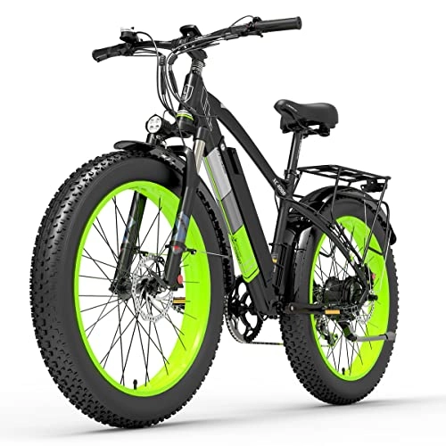 Electric Bike : XC4000 26 Inch Electric Bike, Snow Bike With 4.0 Fat Tire, Mountain Bike for Men, Front & Rear Hydraulic Disc Brake (Green, 15Ah + 1 Spare Battery)