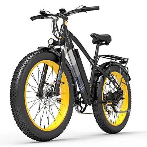Electric Bike : XC4000 48V Electric Bike, 26 Inch Snow Bike Fat Tire Bicycle, Front & Rear Hydraulic Disc Brake (Black Yellow, 15Ah + 1 Spare Battery)