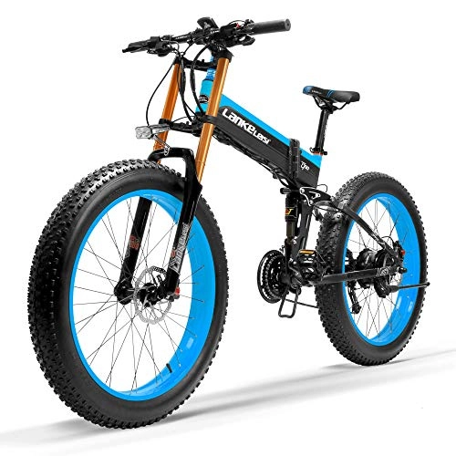 Electric Bike : XHCP bicycle Mountain bike 27 Speed 1000W Folding Electric Bike 26 * 4.0 Fat Bike 5 PAS Hydraulic Disc Brake 48V 10Ah Removable Lithium Battery Charging, (Black Blue Upgraded, 1000W)